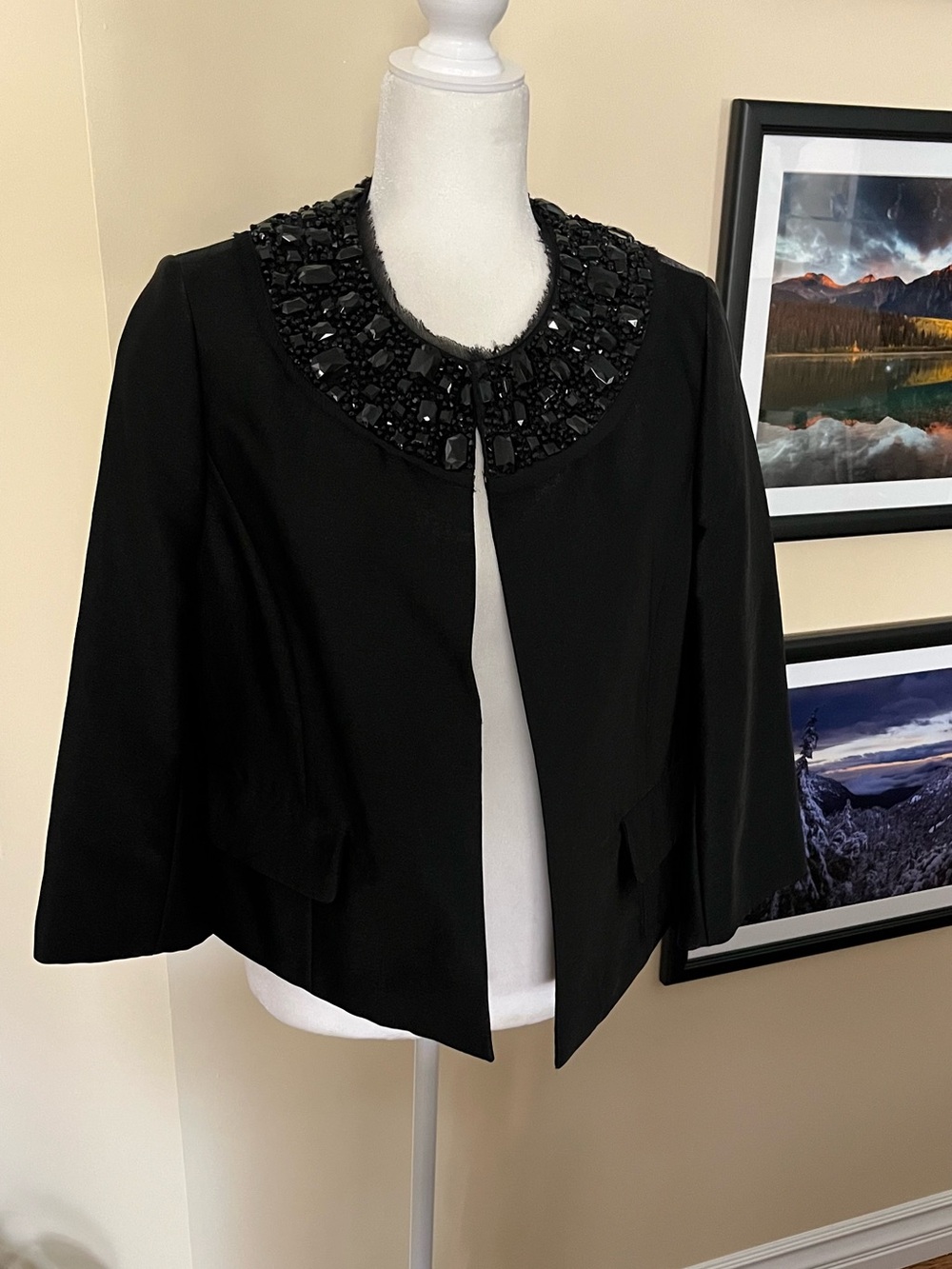 Ellen Tracy Black Beaded Collar Open-Front Jacket